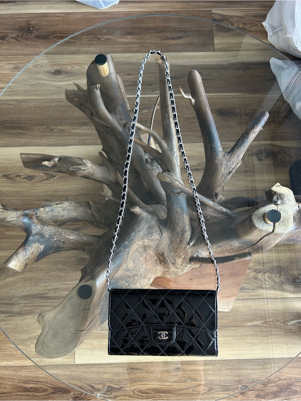 CHANEL Black Quilted Patent Leather Chain Wallet on Strap
